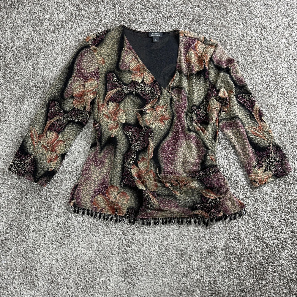 VTG Womens Top Large V Neck Ruched Waist Beaded Boho Fairy Cottagecore Metallic